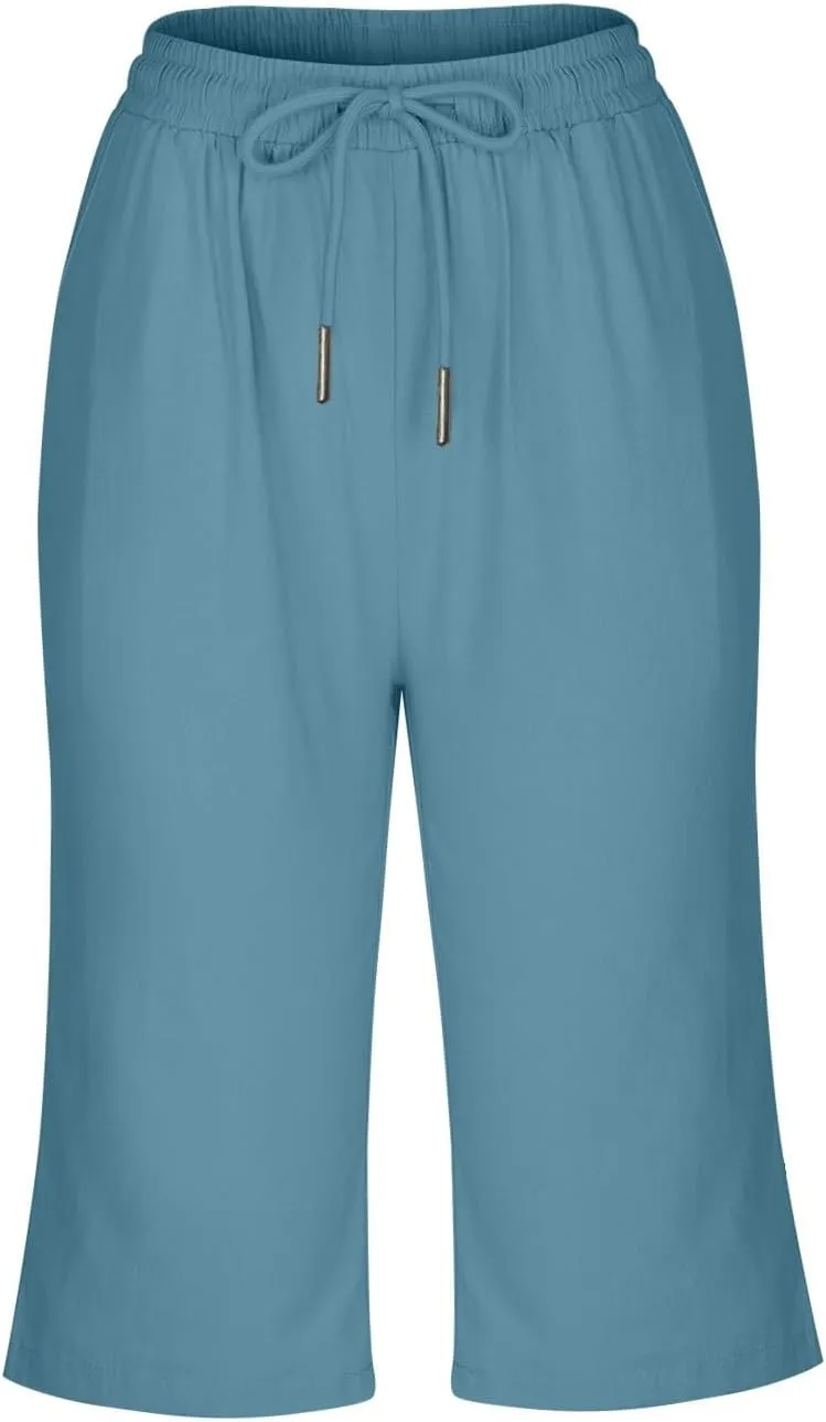 Summer Cotton Linen Pants Women Elastic High Waisted Bermuda Shorts for Women Knee Length Casual Capris Pant Shorts