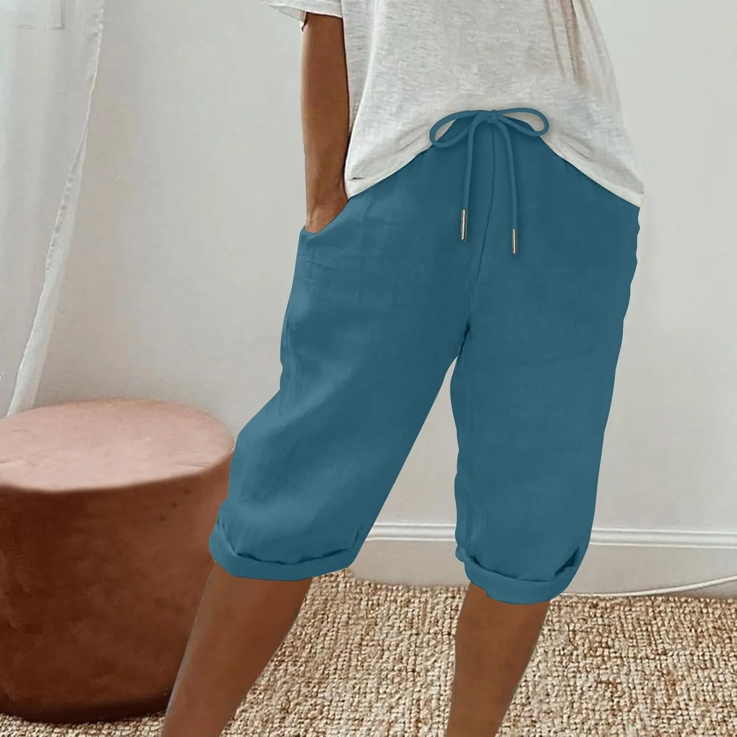 Summer Cotton Linen Pants Women Elastic High Waisted Bermuda Shorts for Women Knee Length Casual Capris Pant Shorts