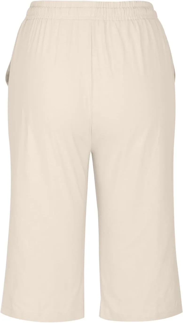 Summer Cotton Linen Pants Women Elastic High Waisted Bermuda Shorts for Women Knee Length Casual Capris Pant Shorts