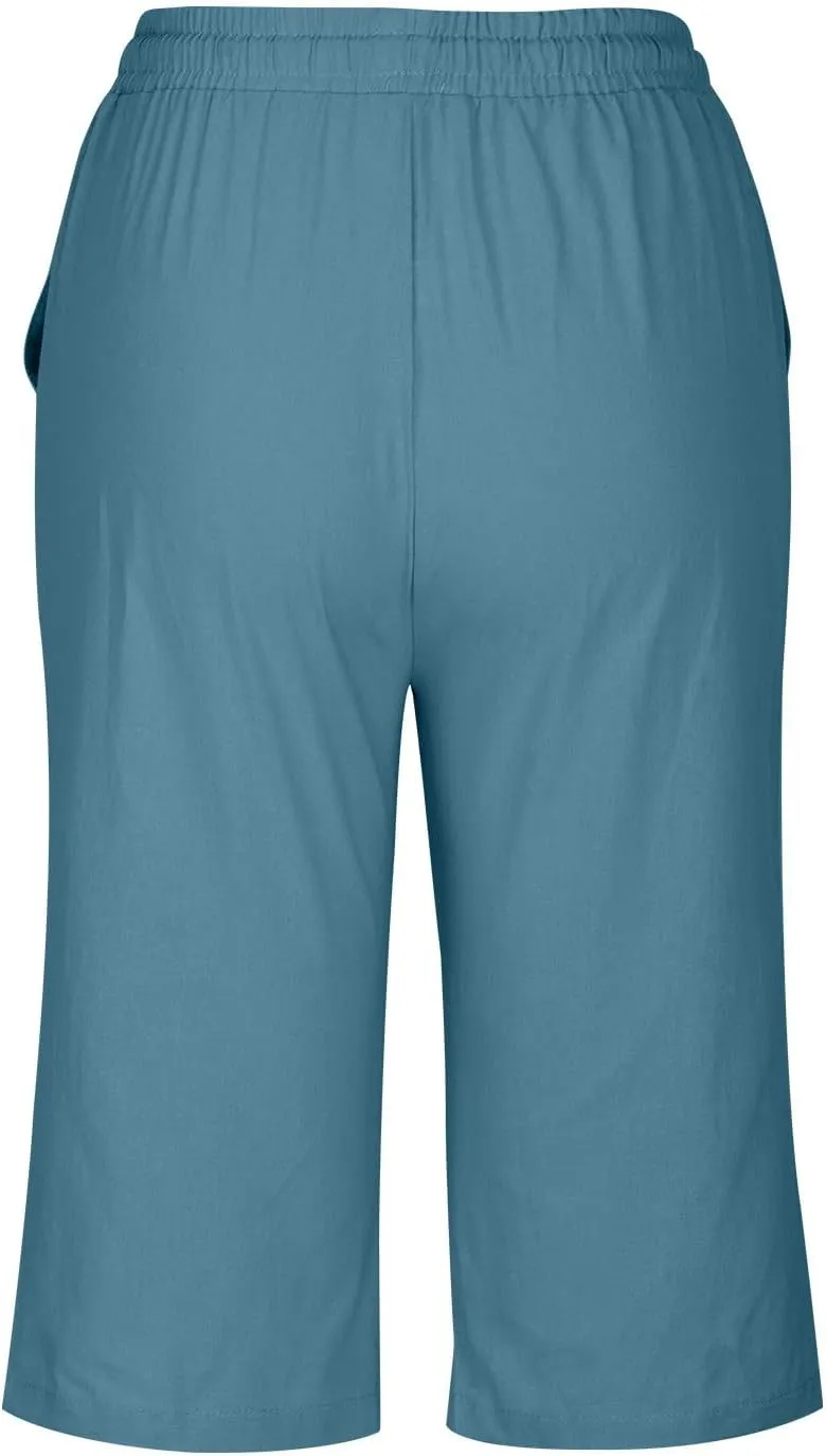 Summer Cotton Linen Pants Women Elastic High Waisted Bermuda Shorts for Women Knee Length Casual Capris Pant Shorts