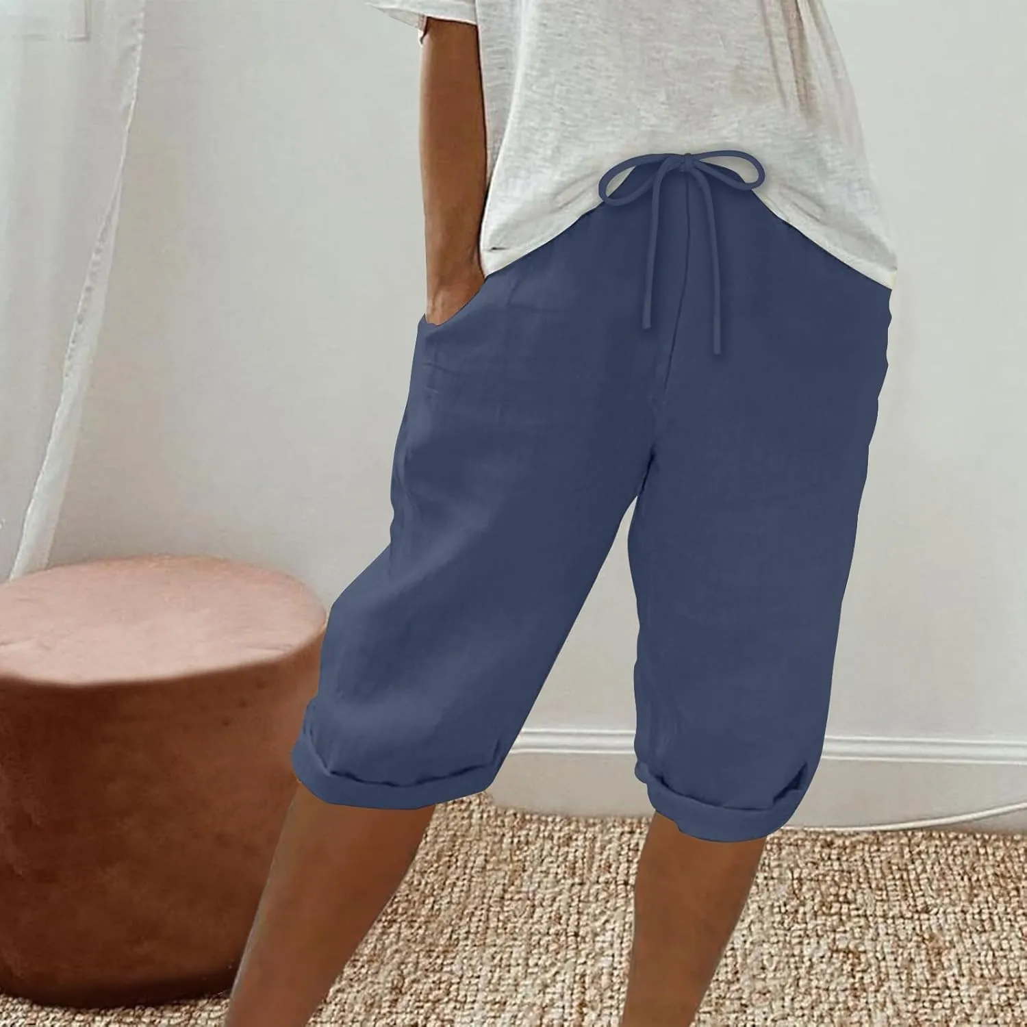 Summer Cotton Linen Pants Women Elastic High Waisted Bermuda Shorts for Women Knee Length Casual Capris Pant Shorts