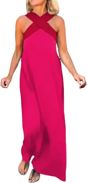 Summer Dresses for Women 2025 Cross Halter Neck Stitching Dress Sleeveless Open Back Maxi Dresses Beach Dress