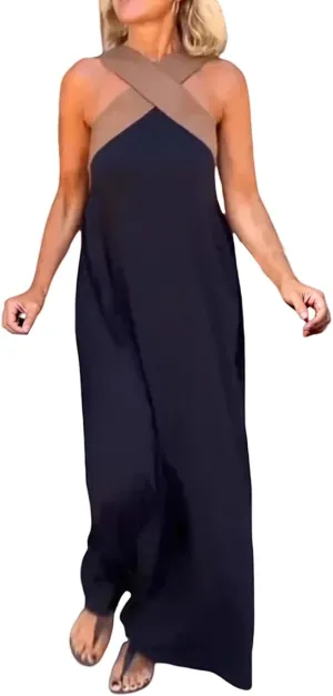 Summer Dresses for Women 2025 Cross Halter Neck Stitching Dress Sleeveless Open Back Maxi Dresses Beach Dress