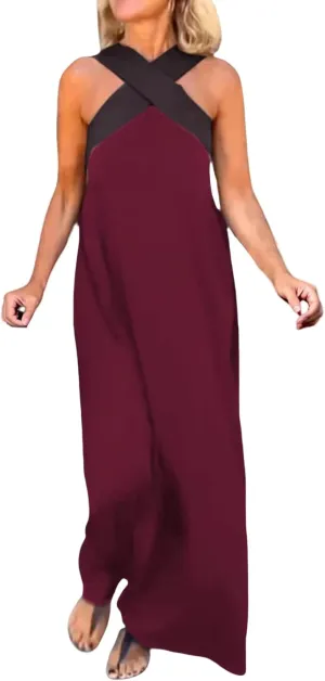 Summer Dresses for Women 2025 Cross Halter Neck Stitching Dress Sleeveless Open Back Maxi Dresses Beach Dress