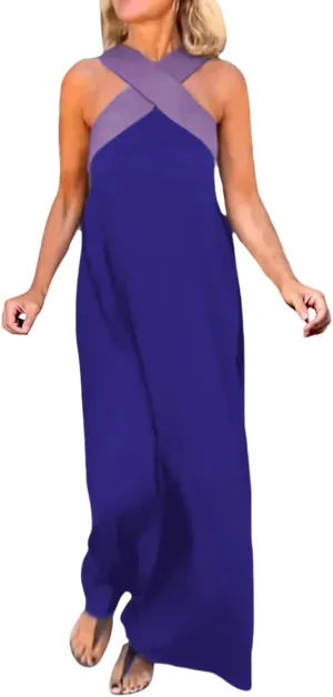 Summer Dresses for Women 2025 Cross Halter Neck Stitching Dress Sleeveless Open Back Maxi Dresses Beach Dress