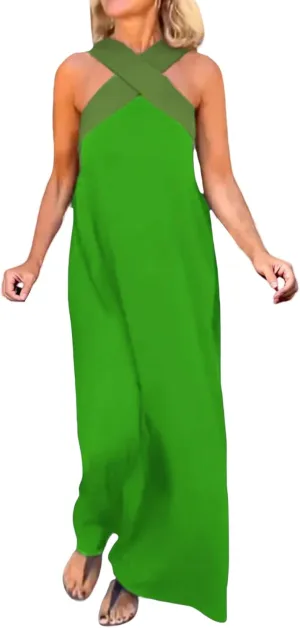 Summer Dresses for Women 2025 Cross Halter Neck Stitching Dress Sleeveless Open Back Maxi Dresses Beach Dress
