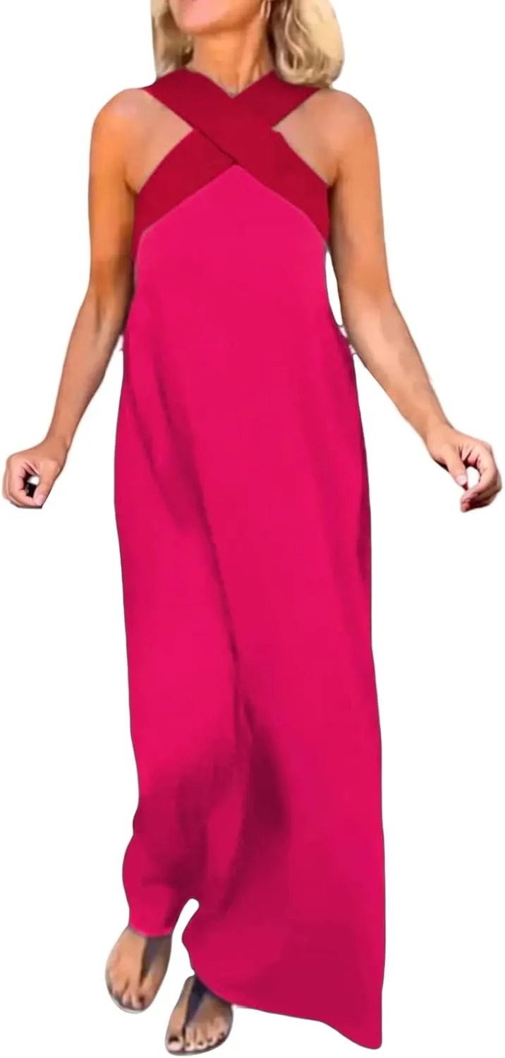 Summer Dresses for Women 2025 Cross Halter Neck Stitching Dress Sleeveless Open Back Maxi Dresses Beach Dress