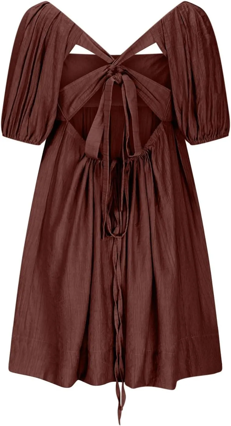 Summer Dresses for Women 2025 Square Neck Puff Sleeve Pleated Mini Dress Open Back Lace Up Sundresses Vacation Outfit