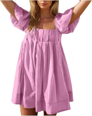 Summer Dresses for Women 2025 Square Neck Puff Sleeve Pleated Mini Dress Open Back Lace Up Sundresses Vacation Outfit