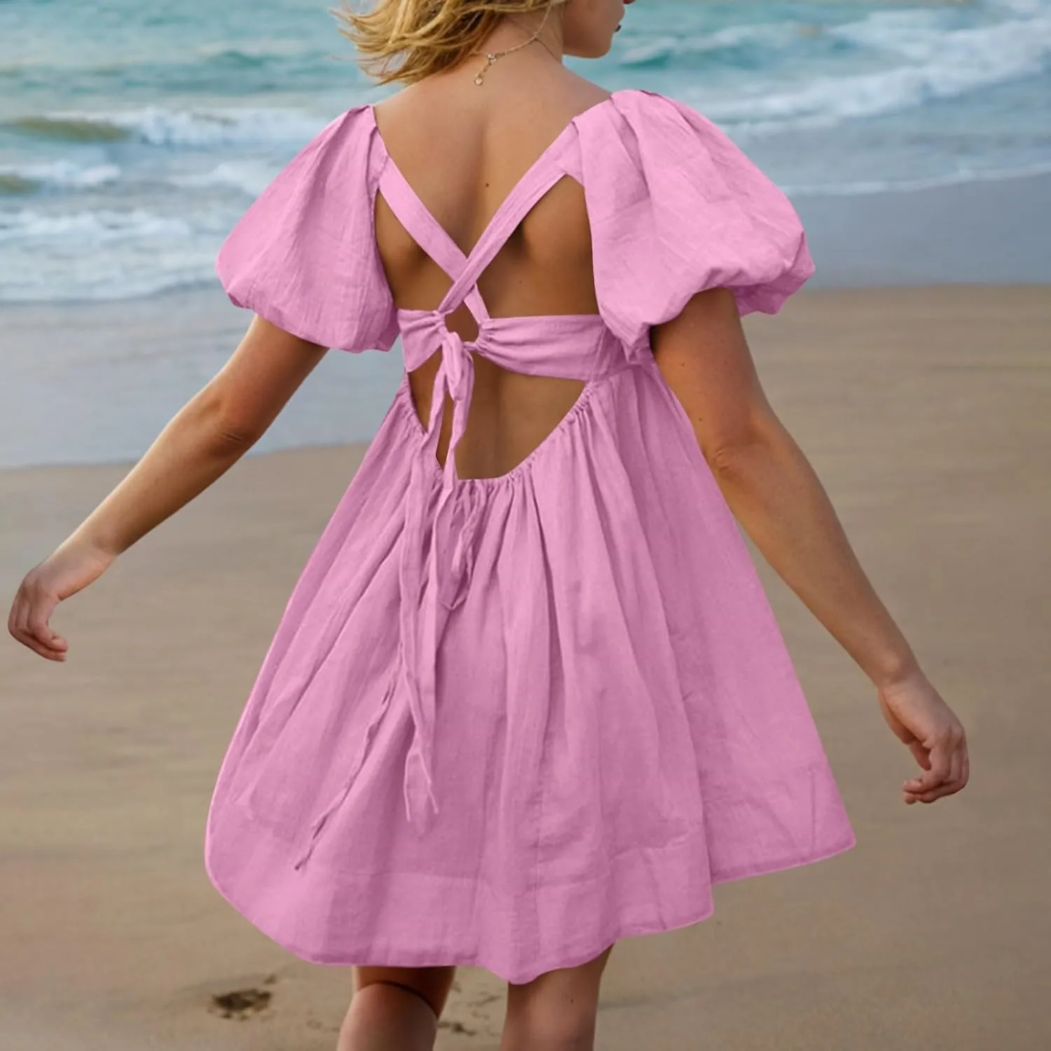Summer Dresses for Women 2025 Square Neck Puff Sleeve Pleated Mini Dress Open Back Lace Up Sundresses Vacation Outfit