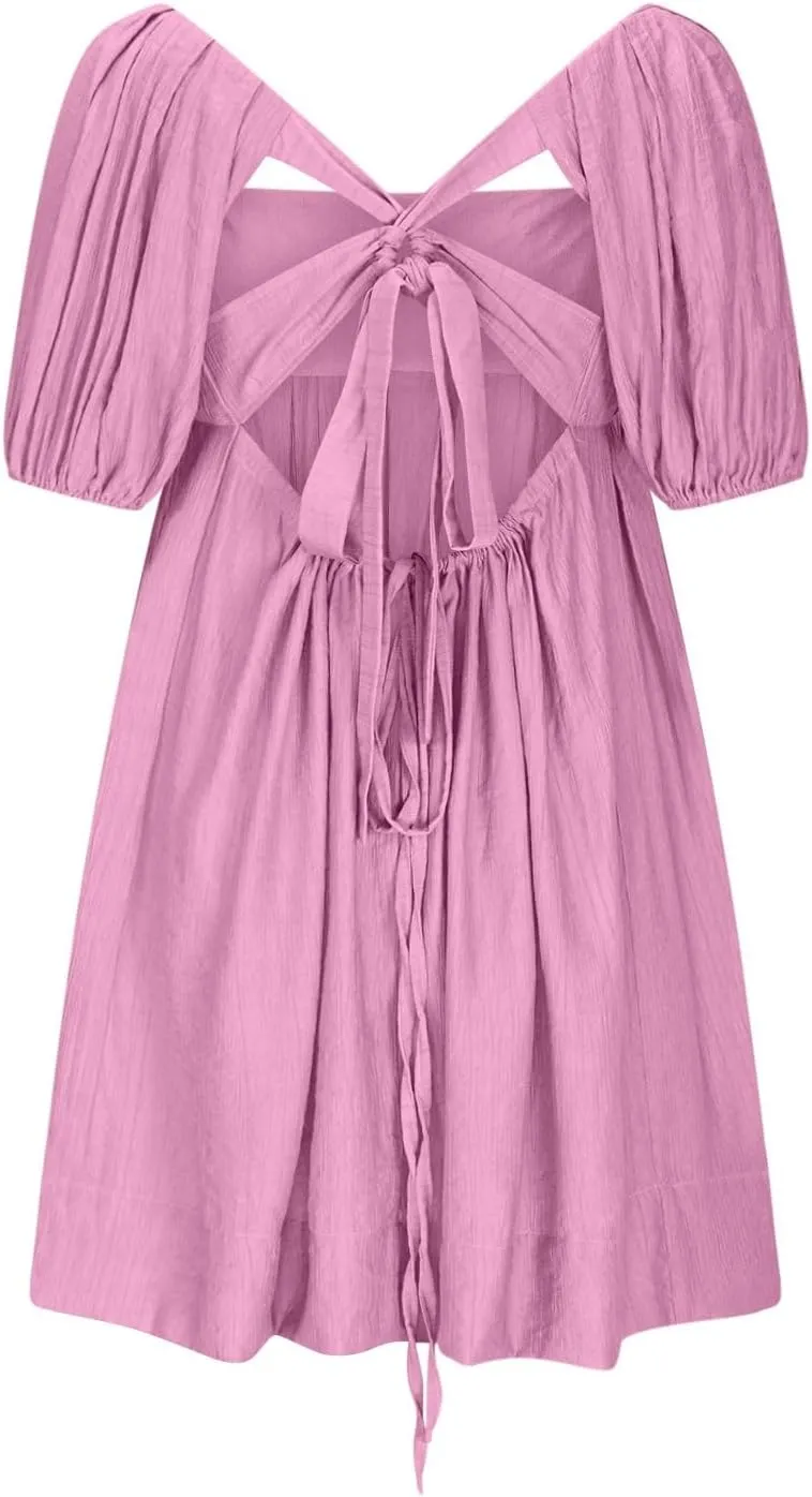 Summer Dresses for Women 2025 Square Neck Puff Sleeve Pleated Mini Dress Open Back Lace Up Sundresses Vacation Outfit
