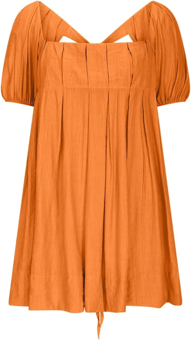 Summer Dresses for Women 2025 Square Neck Puff Sleeve Pleated Mini Dress Open Back Lace Up Sundresses Vacation Outfit
