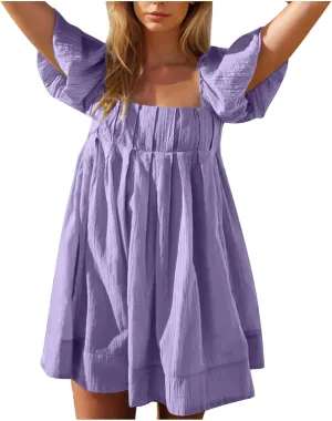 Summer Dresses for Women 2025 Square Neck Puff Sleeve Pleated Mini Dress Open Back Lace Up Sundresses Vacation Outfit