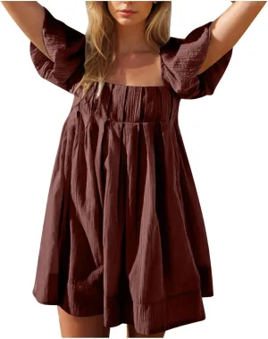 Summer Dresses for Women 2025 Square Neck Puff Sleeve Pleated Mini Dress Open Back Lace Up Sundresses Vacation Outfit