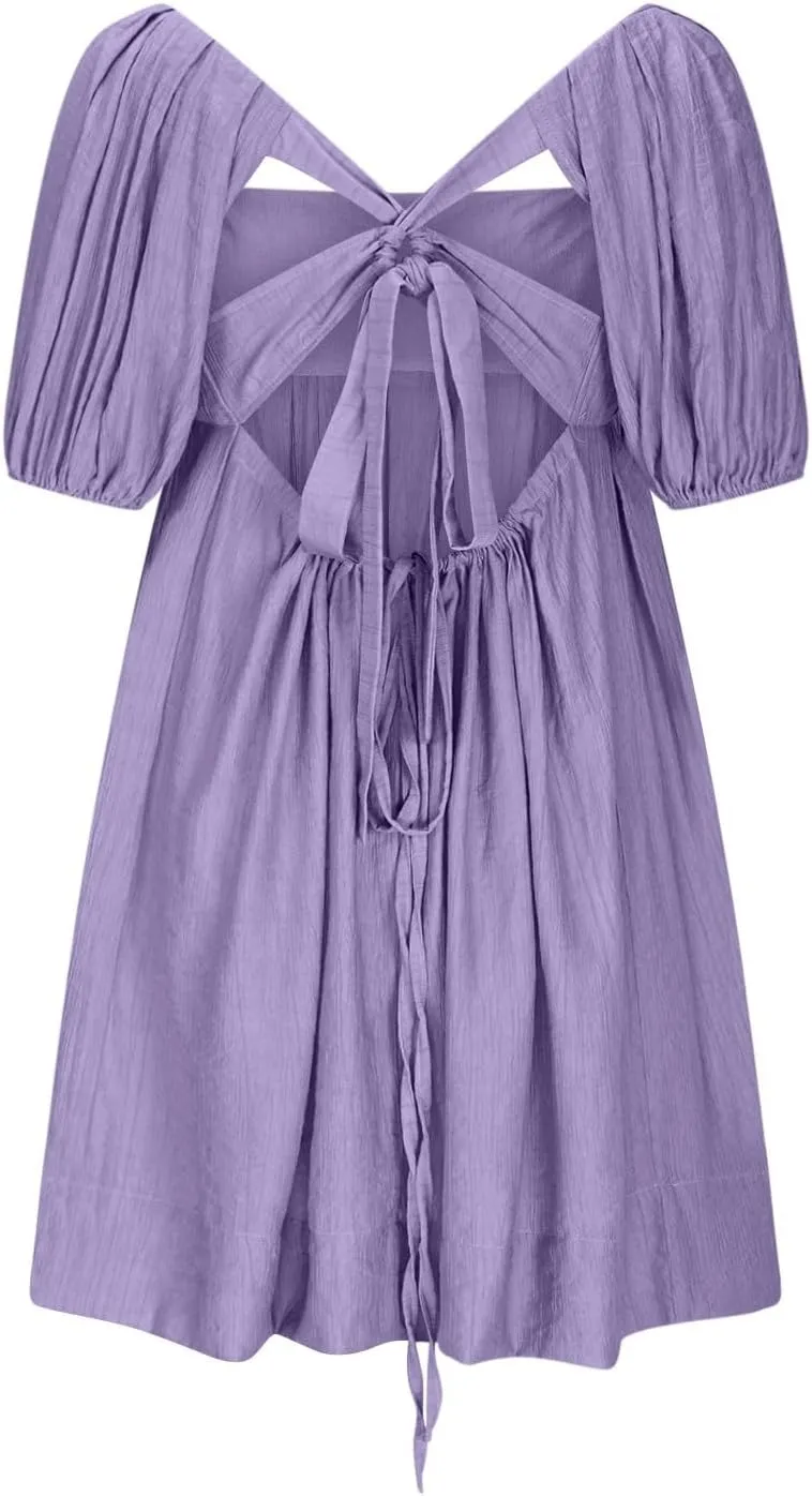 Summer Dresses for Women 2025 Square Neck Puff Sleeve Pleated Mini Dress Open Back Lace Up Sundresses Vacation Outfit