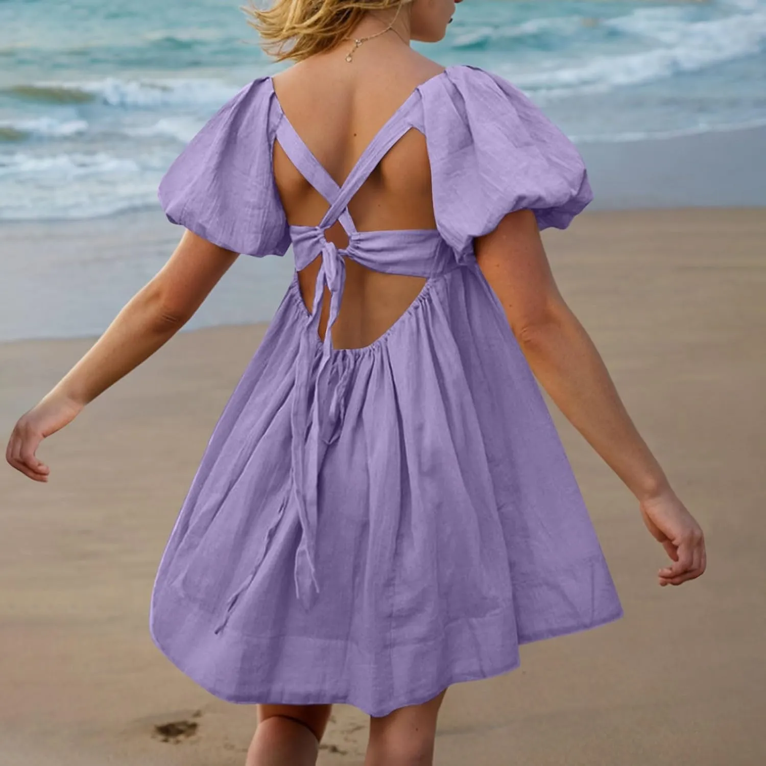 Summer Dresses for Women 2025 Square Neck Puff Sleeve Pleated Mini Dress Open Back Lace Up Sundresses Vacation Outfit