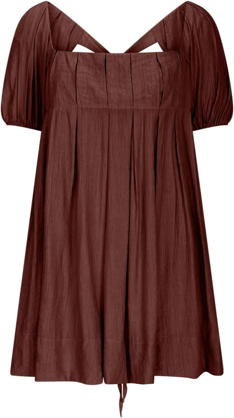 Summer Dresses for Women 2025 Square Neck Puff Sleeve Pleated Mini Dress Open Back Lace Up Sundresses Vacation Outfit