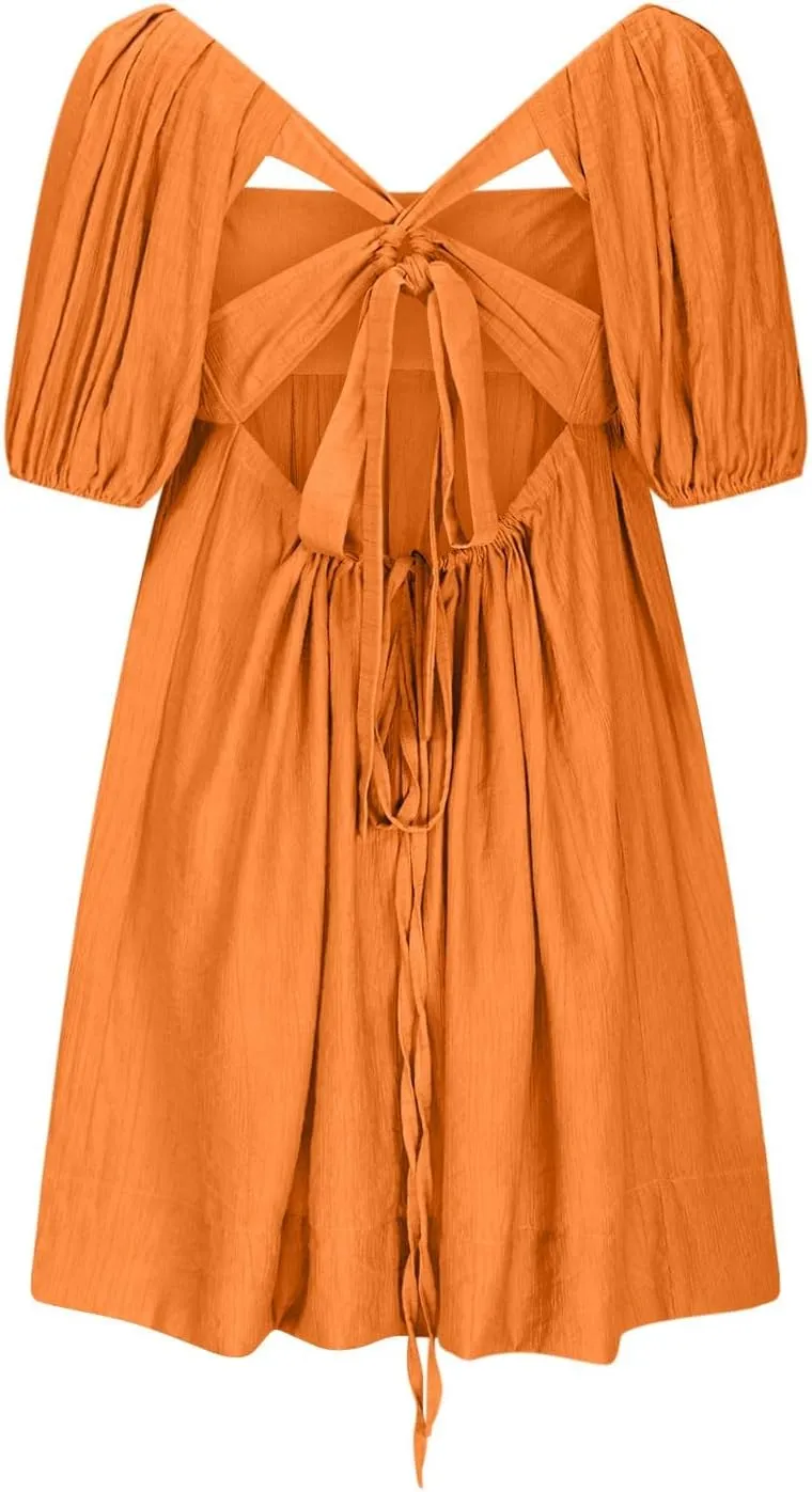 Summer Dresses for Women 2025 Square Neck Puff Sleeve Pleated Mini Dress Open Back Lace Up Sundresses Vacation Outfit