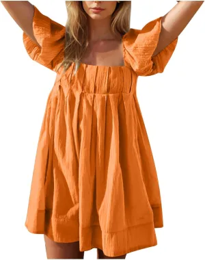 Summer Dresses for Women 2025 Square Neck Puff Sleeve Pleated Mini Dress Open Back Lace Up Sundresses Vacation Outfit