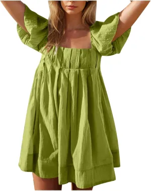 Summer Dresses for Women 2025 Square Neck Puff Sleeve Pleated Mini Dress Open Back Lace Up Sundresses Vacation Outfit
