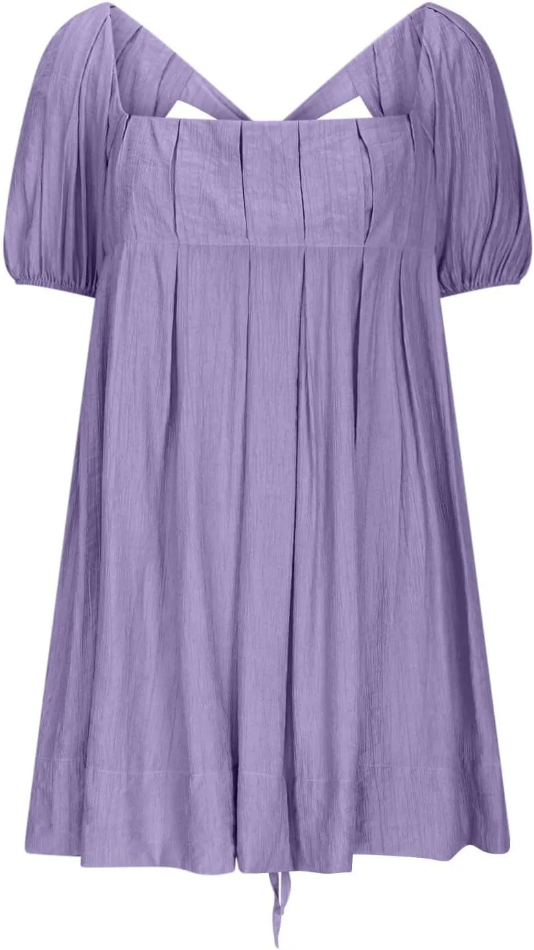 Summer Dresses for Women 2025 Square Neck Puff Sleeve Pleated Mini Dress Open Back Lace Up Sundresses Vacation Outfit