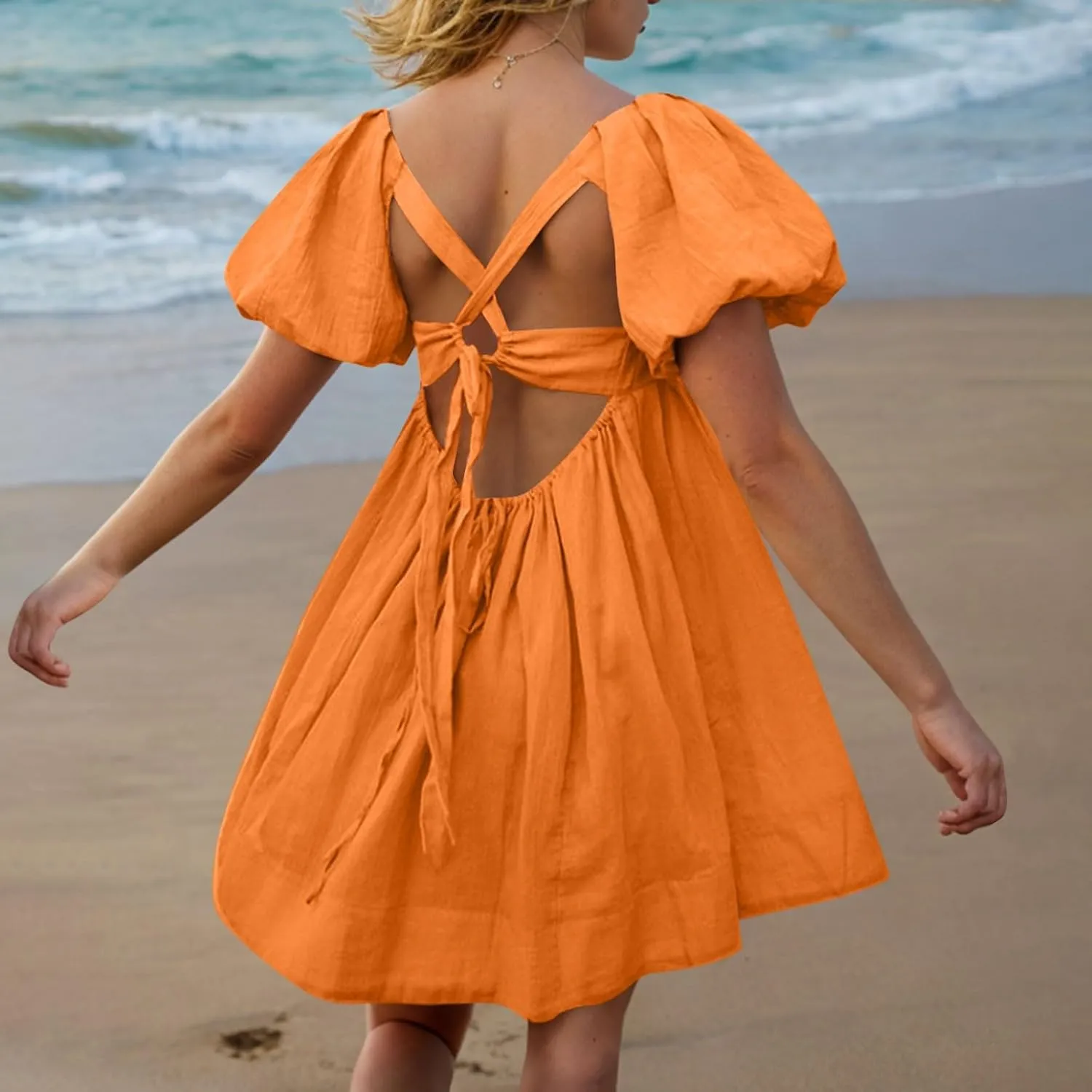 Summer Dresses for Women 2025 Square Neck Puff Sleeve Pleated Mini Dress Open Back Lace Up Sundresses Vacation Outfit