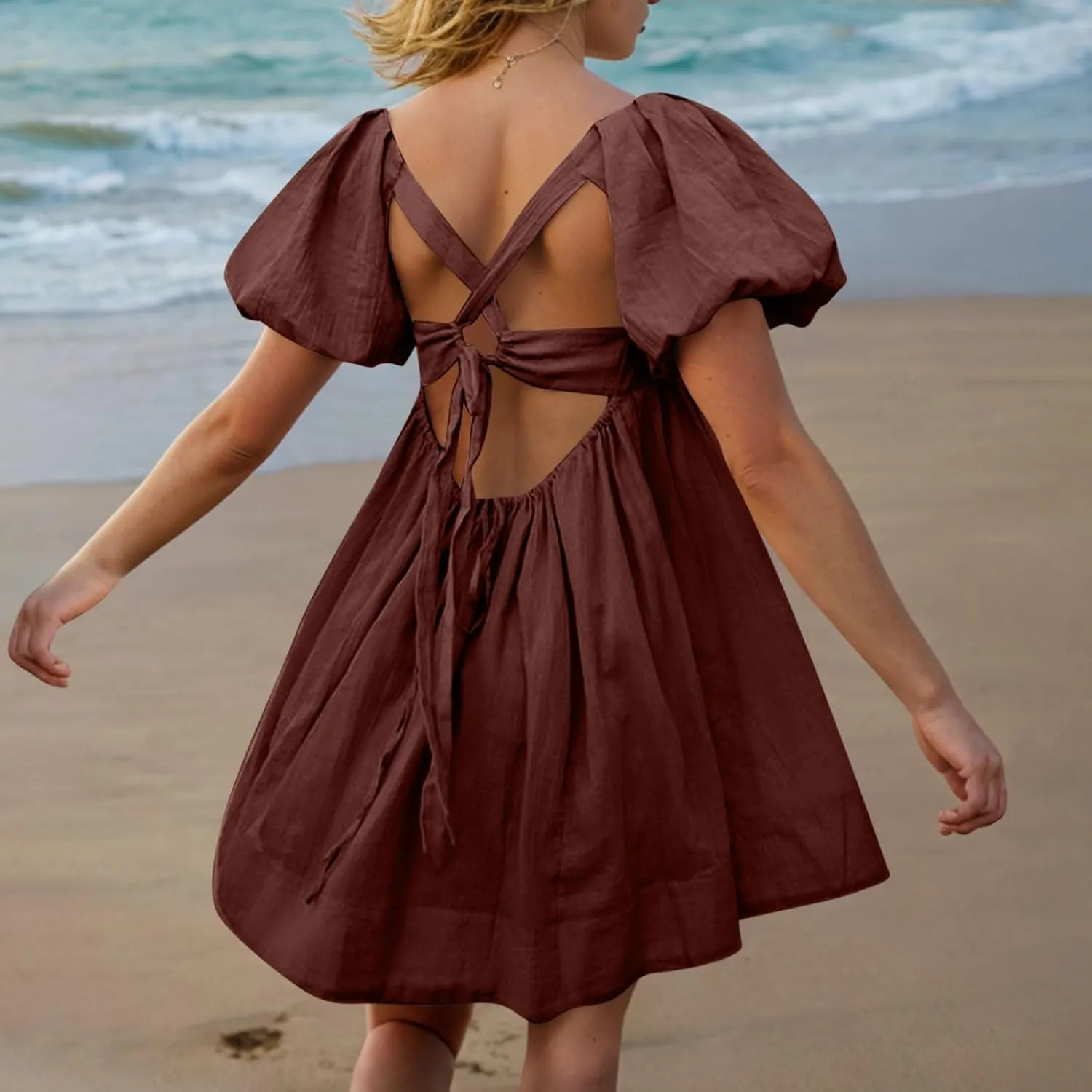 Summer Dresses for Women 2025 Square Neck Puff Sleeve Pleated Mini Dress Open Back Lace Up Sundresses Vacation Outfit