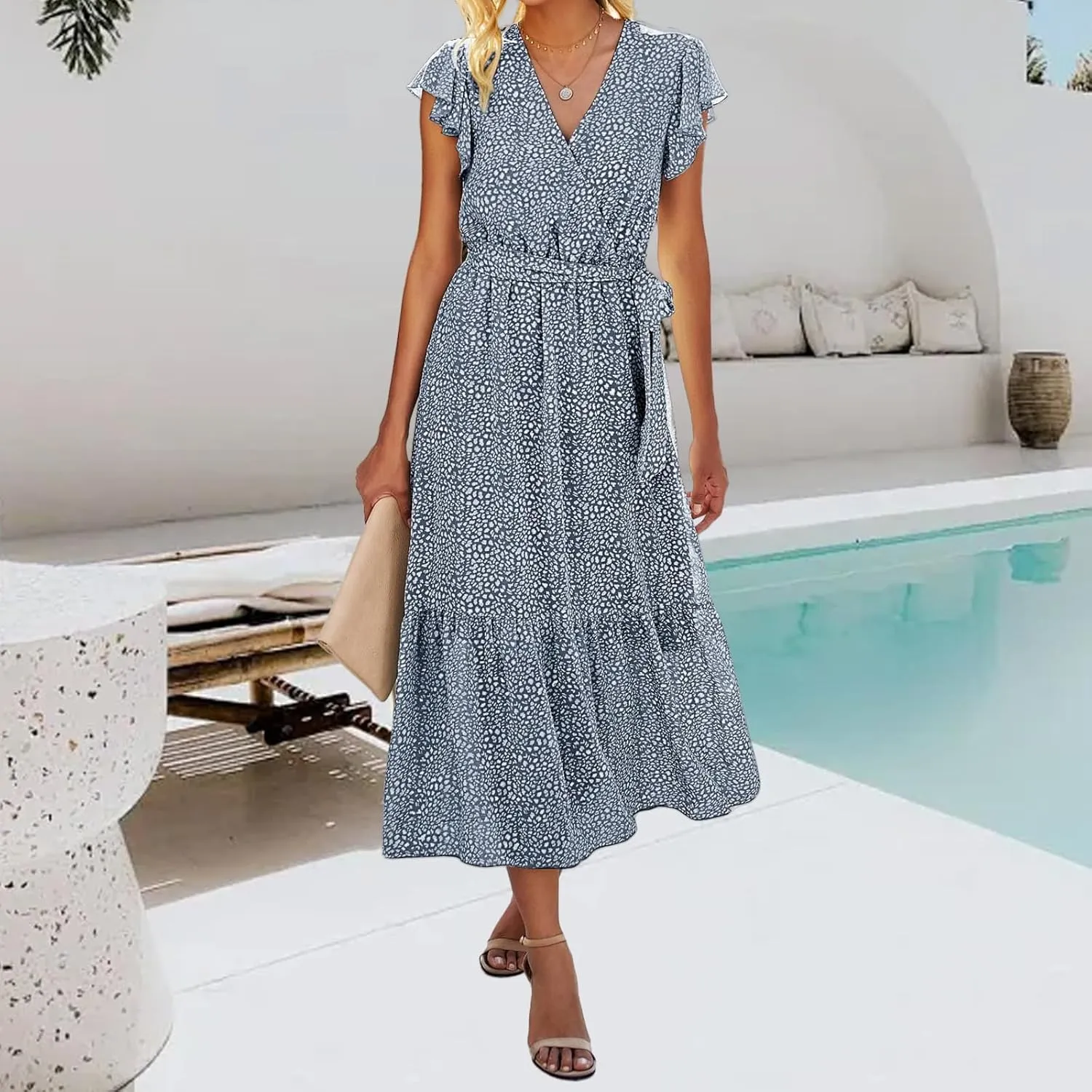 Summer Dresses for Women Boho Casual Wrap V Neck Tie Waist Ruffle Sleeve A Line Midi Sun Dress Tiered Sundress 2025