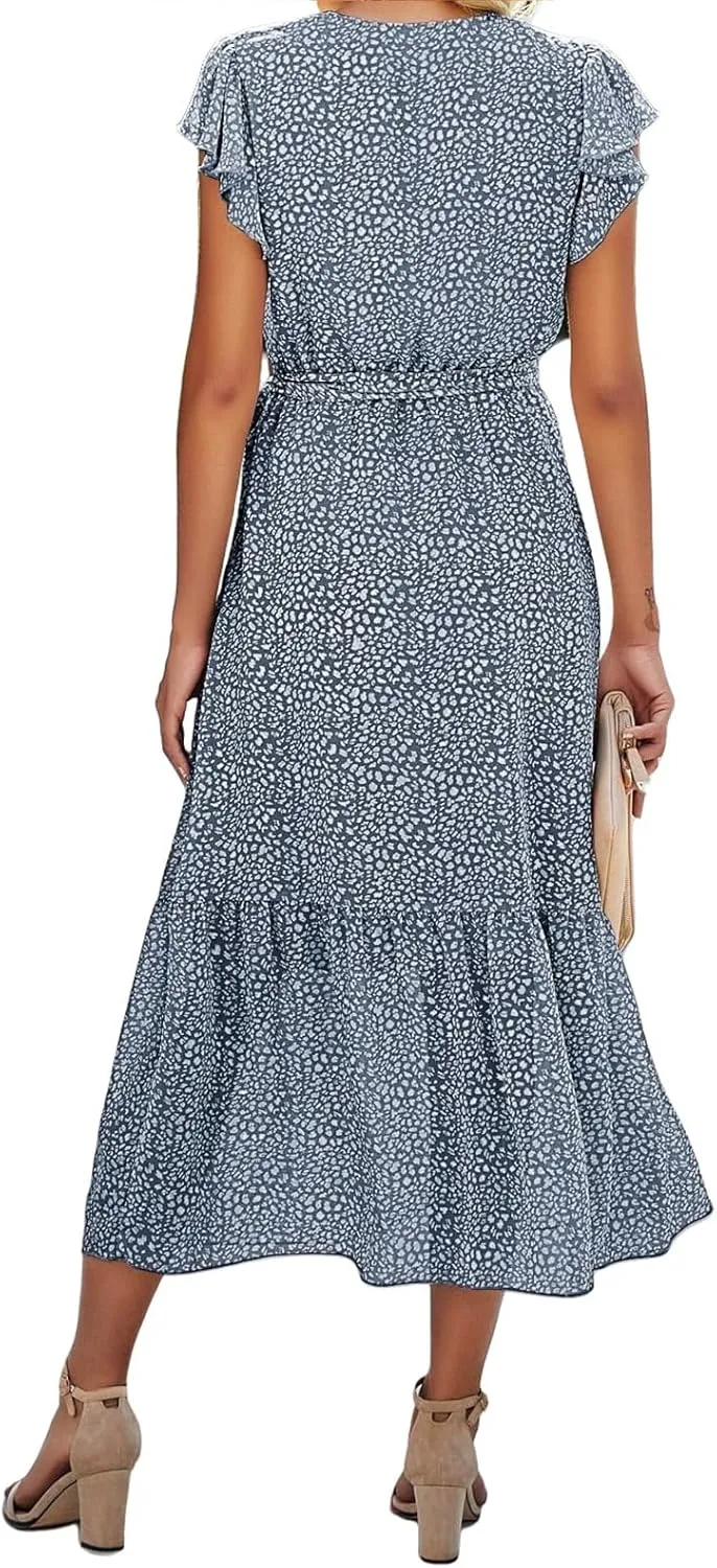 Summer Dresses for Women Boho Casual Wrap V Neck Tie Waist Ruffle Sleeve A Line Midi Sun Dress Tiered Sundress 2025
