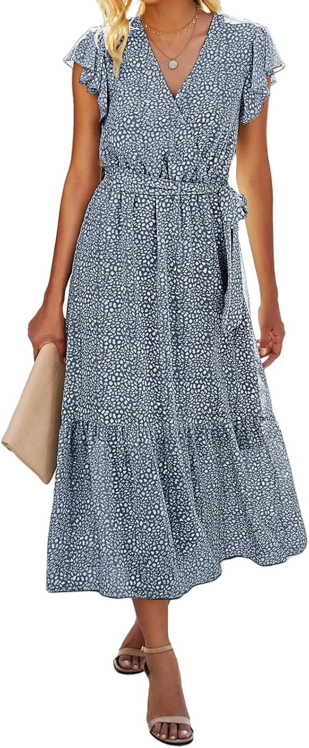 Summer Dresses for Women Boho Casual Wrap V Neck Tie Waist Ruffle Sleeve A Line Midi Sun Dress Tiered Sundress 2025