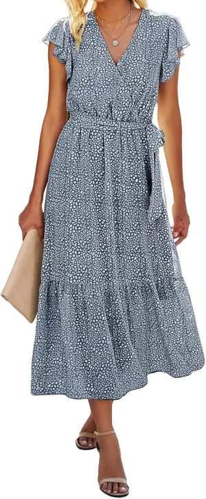 Summer Dresses for Women Boho Casual Wrap V Neck Tie Waist Ruffle Sleeve A Line Midi Sun Dress Tiered Sundress 2025