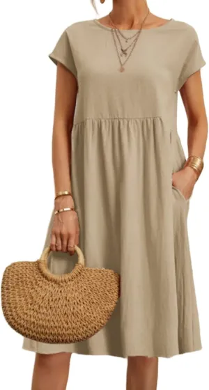 Summer Dresses for Women Cotton Linen Short Sleeve Crewneck Ruffle Waist Midi Dress A Line Loose Fit Sundress 2025