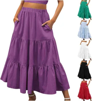 Summer Ruffle Skirt Women A Line Boho Skirt Flowy Long Skirt with Pocket Elastic Waist Beach Skirt Pleated Maxi Skirt
