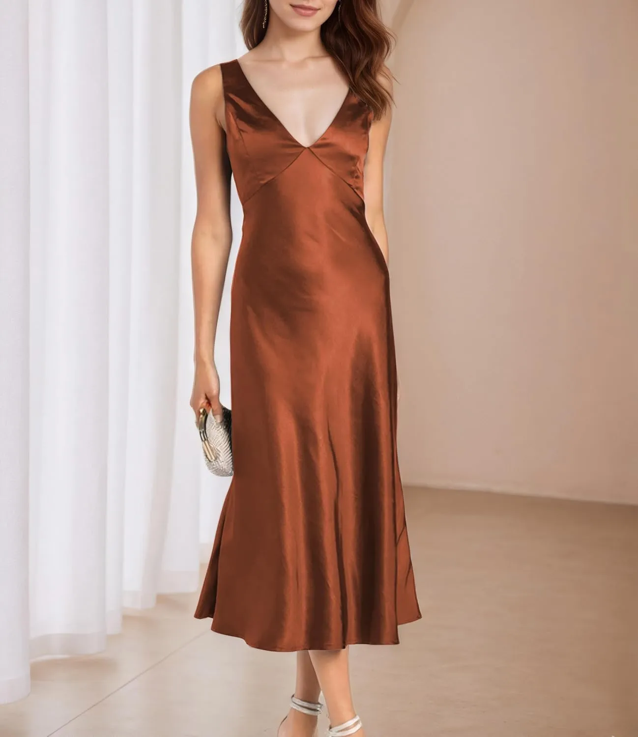 Summer Satin V Neck Backless Midi Dresses for Women 2025 Silky A line Formal Low Back Sleeveless Wedding Guest Long Dress