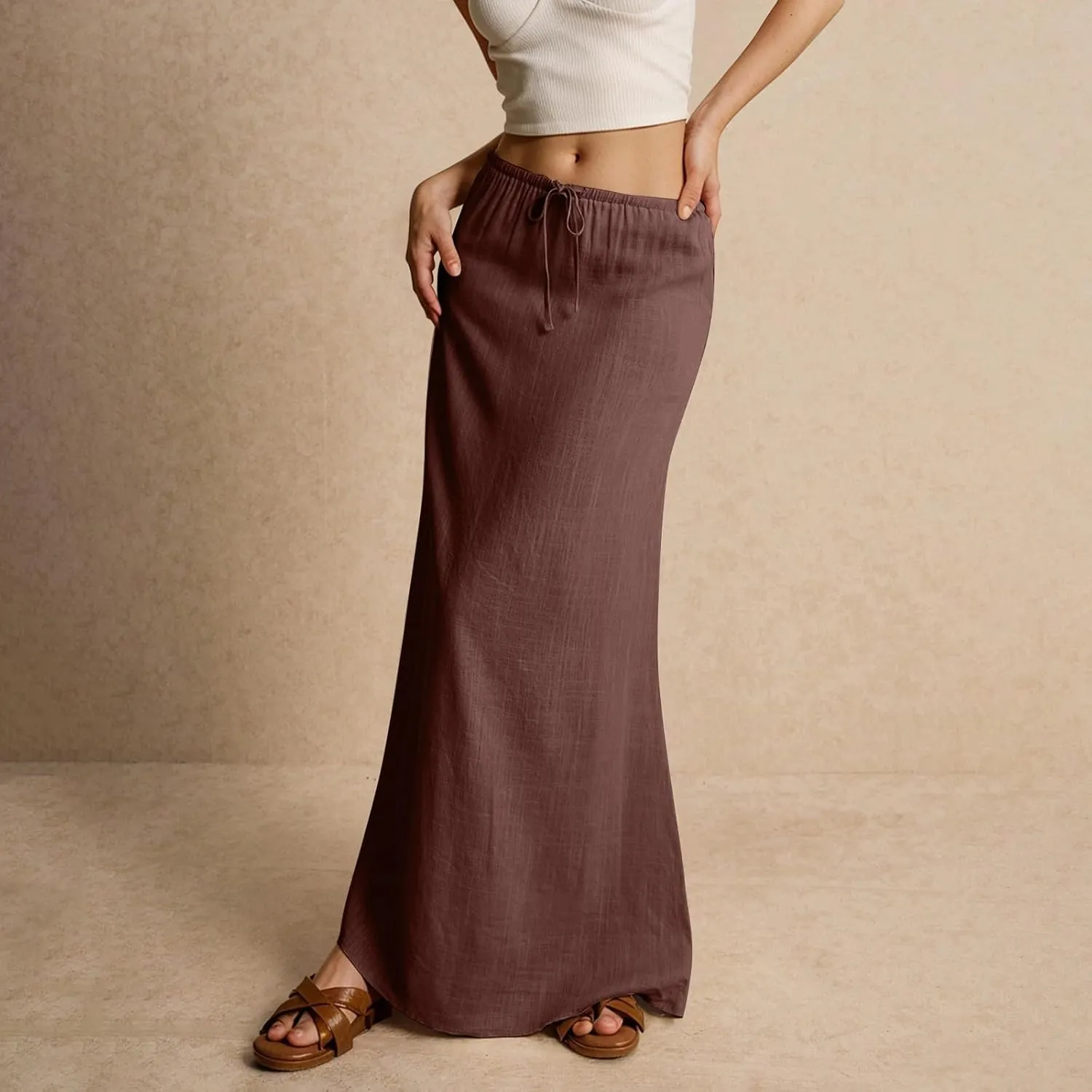 Summer Skirts Long Flowy Skirts Beach Womens Linen Maxi Skirt with Slit Plus Size Comfy Drawstring Low Rise