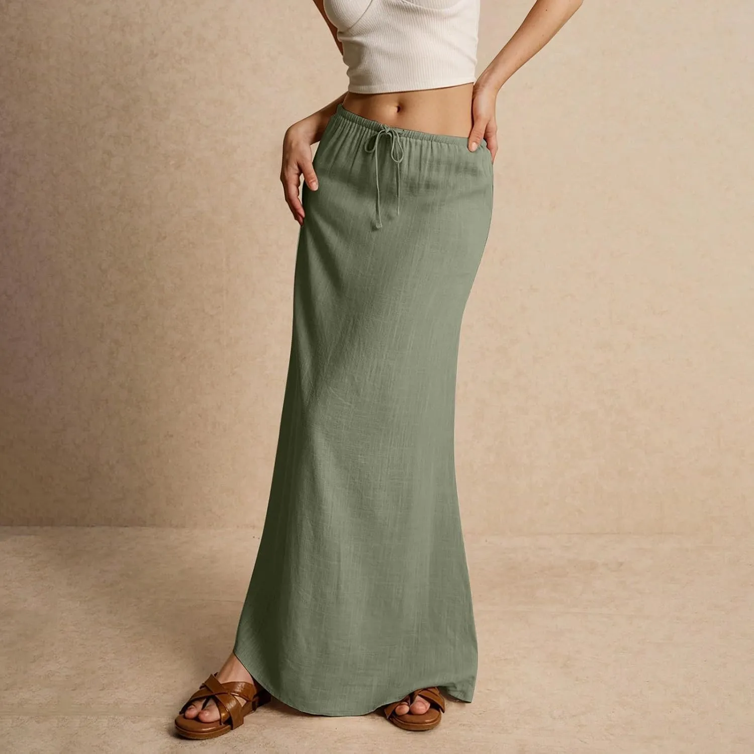 Summer Skirts Long Flowy Skirts Beach Womens Linen Maxi Skirt with Slit Plus Size Comfy Drawstring Low Rise