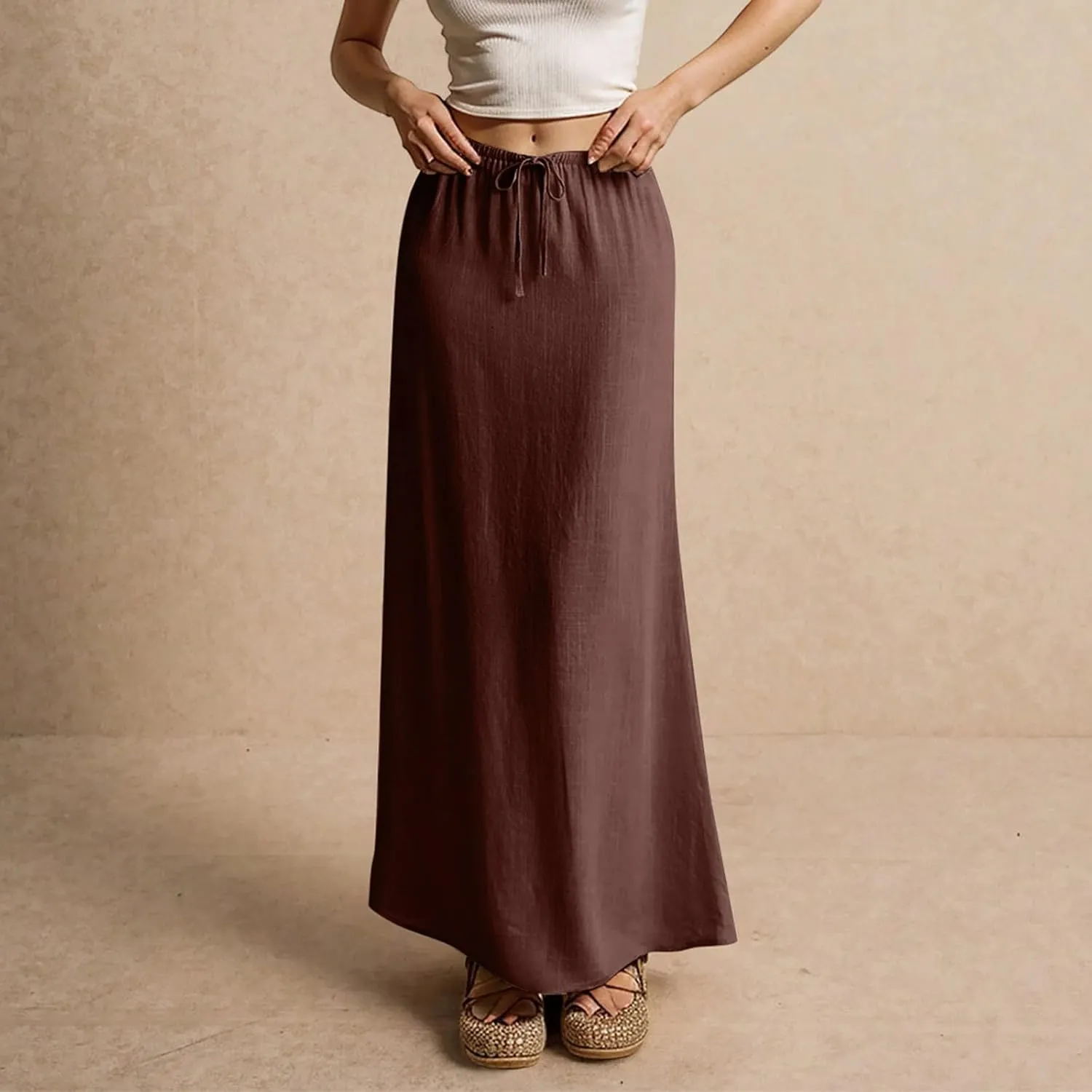 Summer Skirts Long Flowy Skirts Beach Womens Linen Maxi Skirt with Slit Plus Size Comfy Drawstring Low Rise