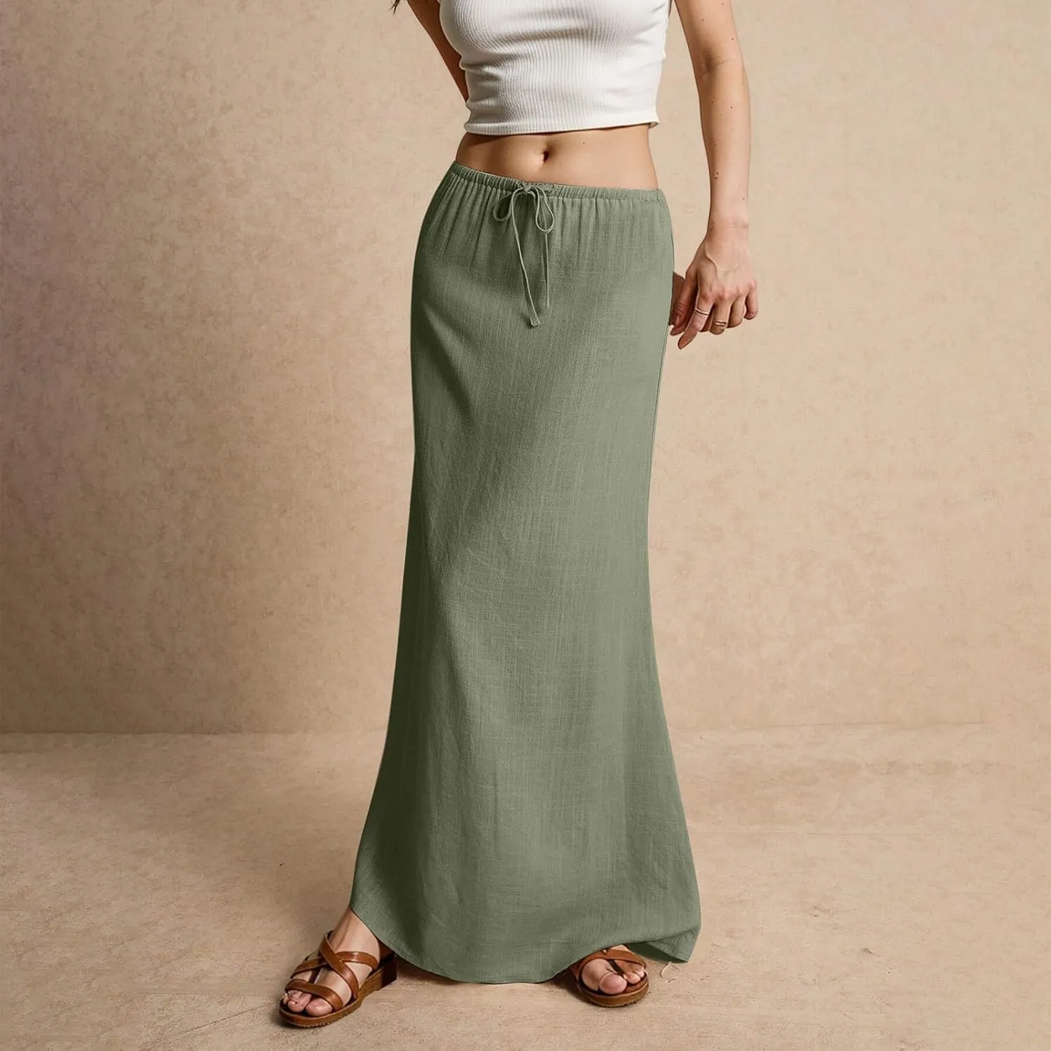 Summer Skirts Long Flowy Skirts Beach Womens Linen Maxi Skirt with Slit Plus Size Comfy Drawstring Low Rise