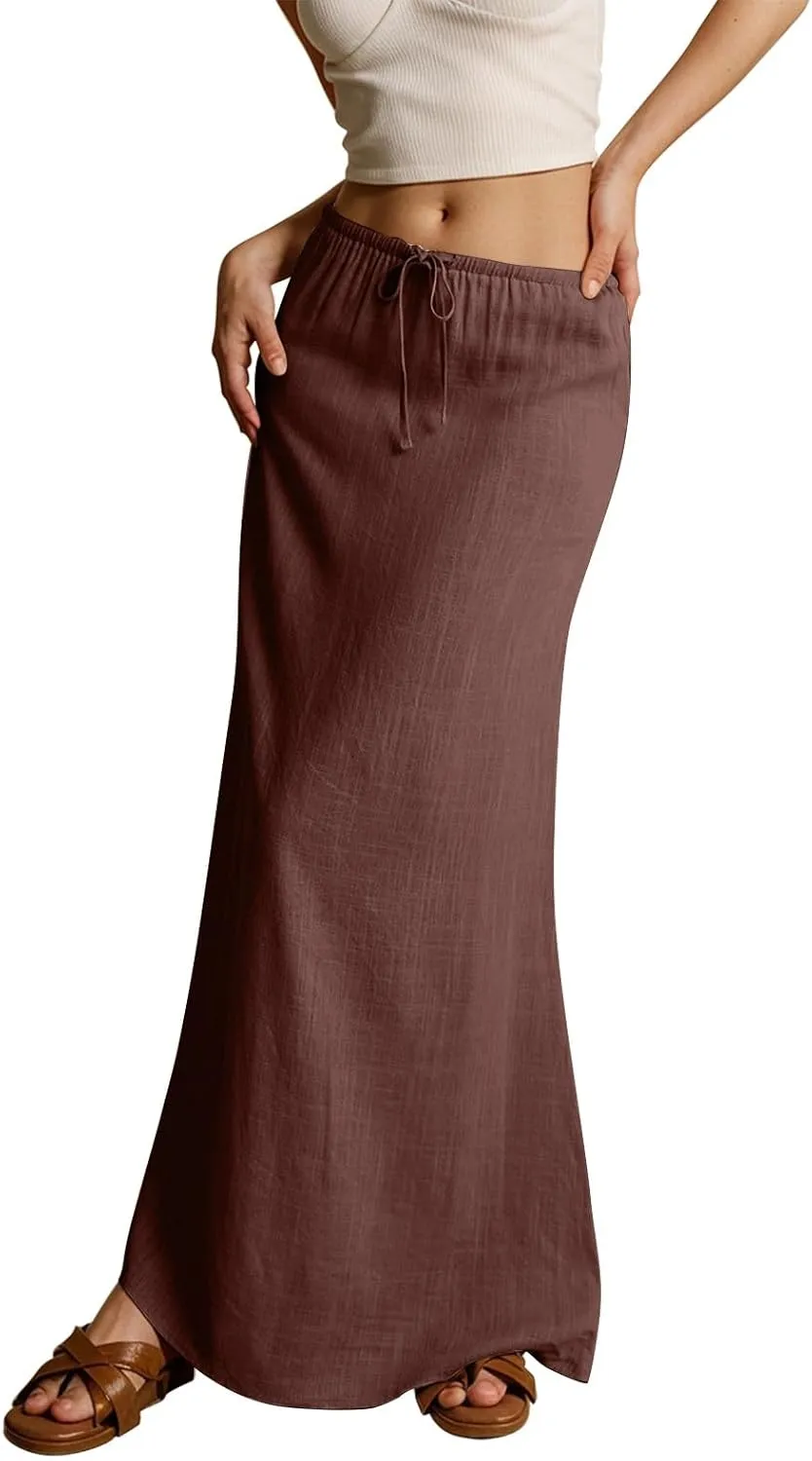 Summer Skirts Long Flowy Skirts Beach Womens Linen Maxi Skirt with Slit Plus Size Comfy Drawstring Low Rise