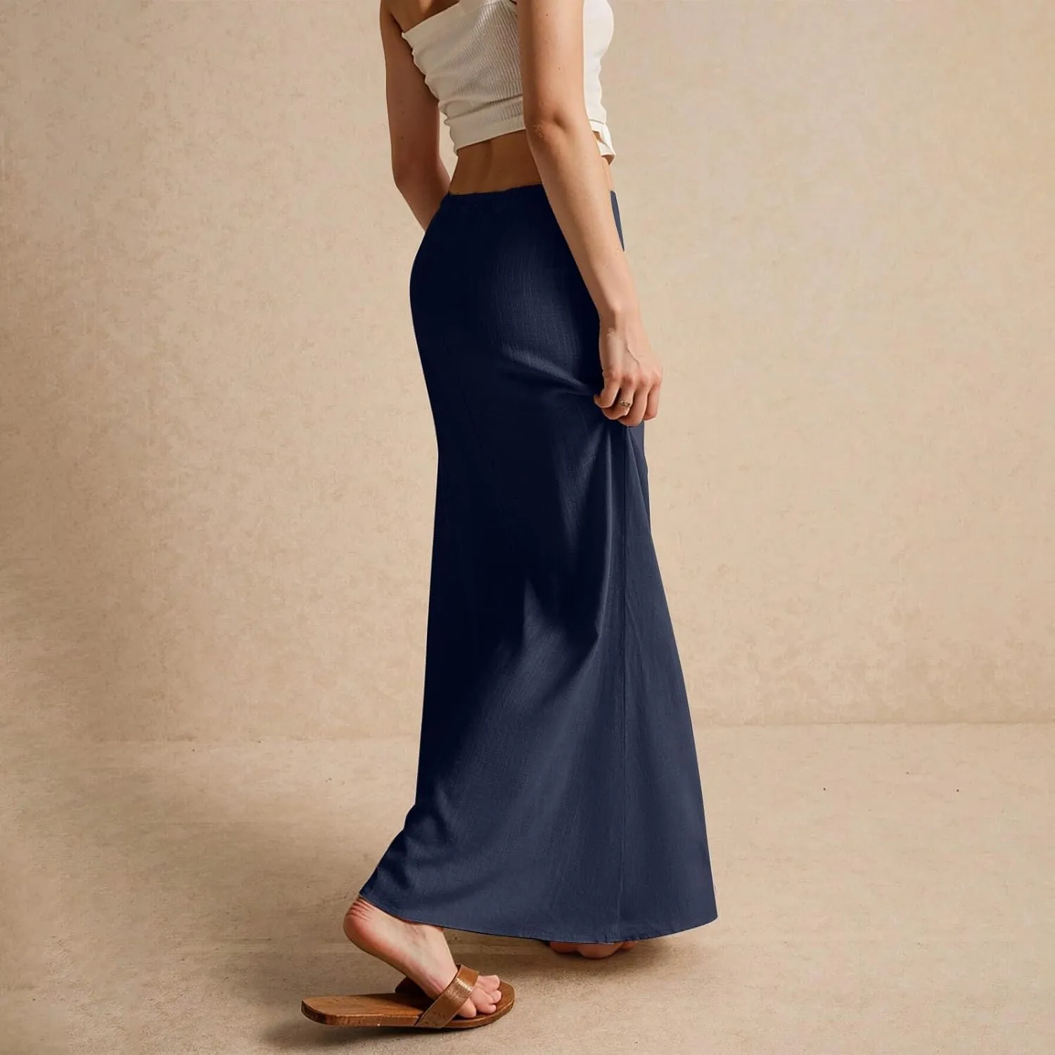 Summer Skirts Long Flowy Skirts Beach Womens Linen Maxi Skirt with Slit Plus Size Comfy Drawstring Low Rise