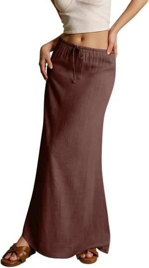 Summer Skirts Long Flowy Skirts Beach Womens Linen Maxi Skirt with Slit Plus Size Comfy Drawstring Low Rise