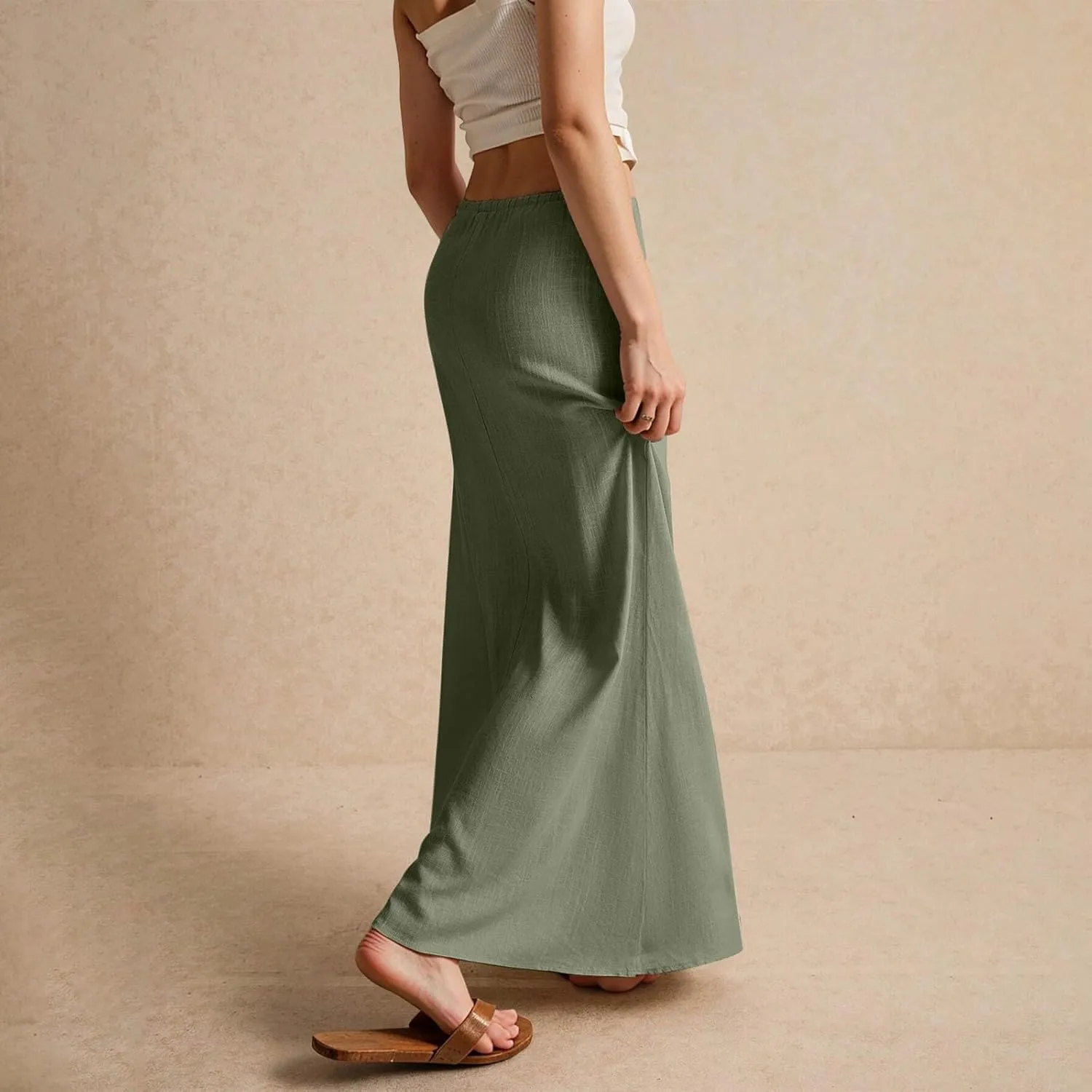 Summer Skirts Long Flowy Skirts Beach Womens Linen Maxi Skirt with Slit Plus Size Comfy Drawstring Low Rise