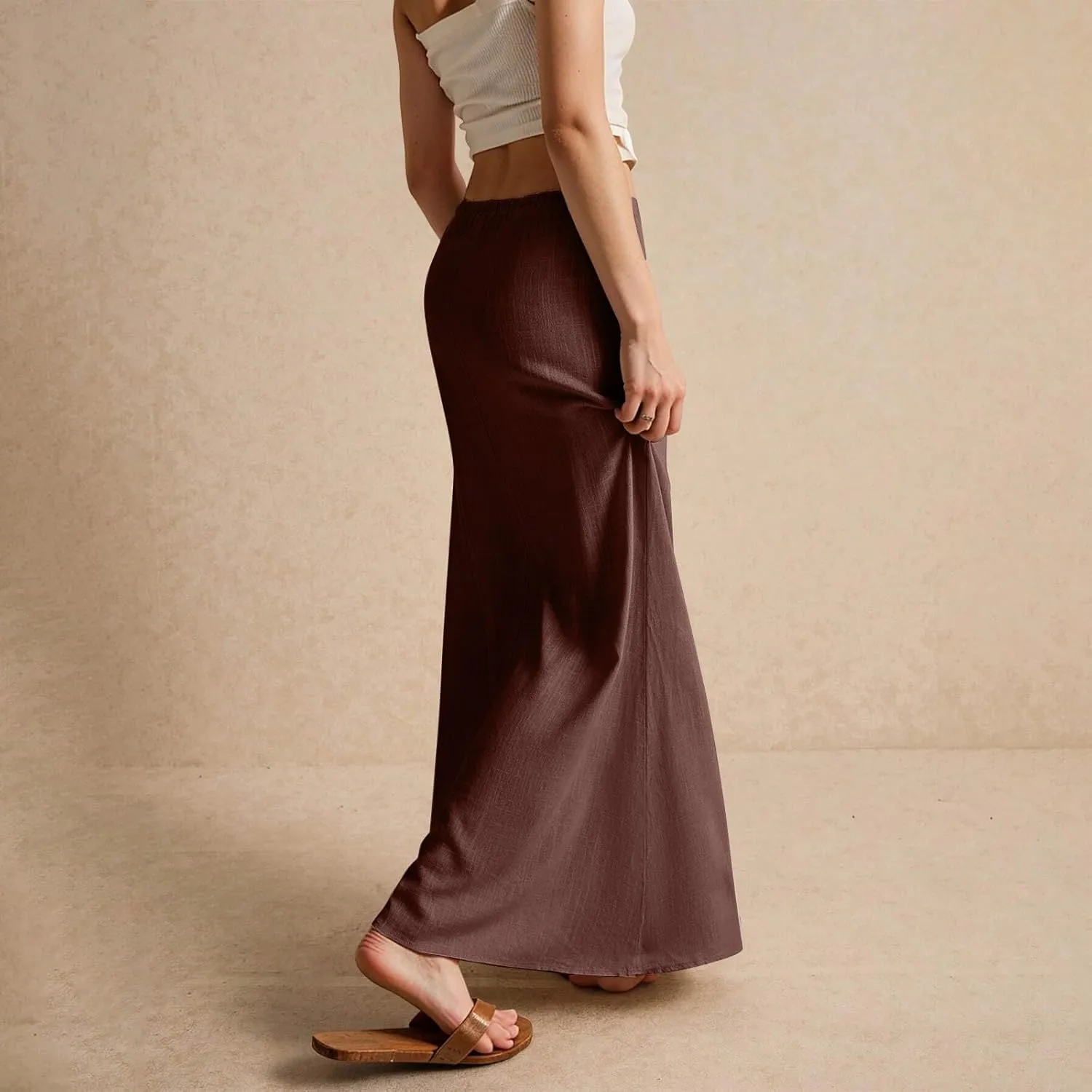 Summer Skirts Long Flowy Skirts Beach Womens Linen Maxi Skirt with Slit Plus Size Comfy Drawstring Low Rise