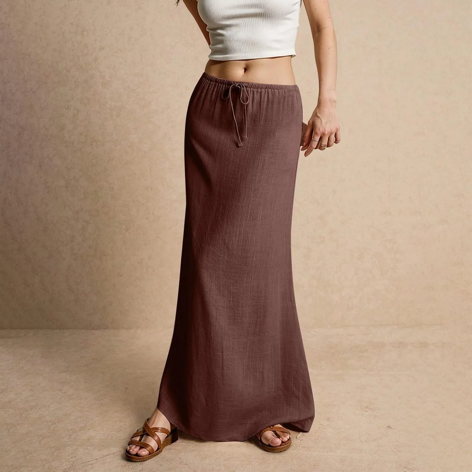 Summer Skirts Long Flowy Skirts Beach Womens Linen Maxi Skirt with Slit Plus Size Comfy Drawstring Low Rise