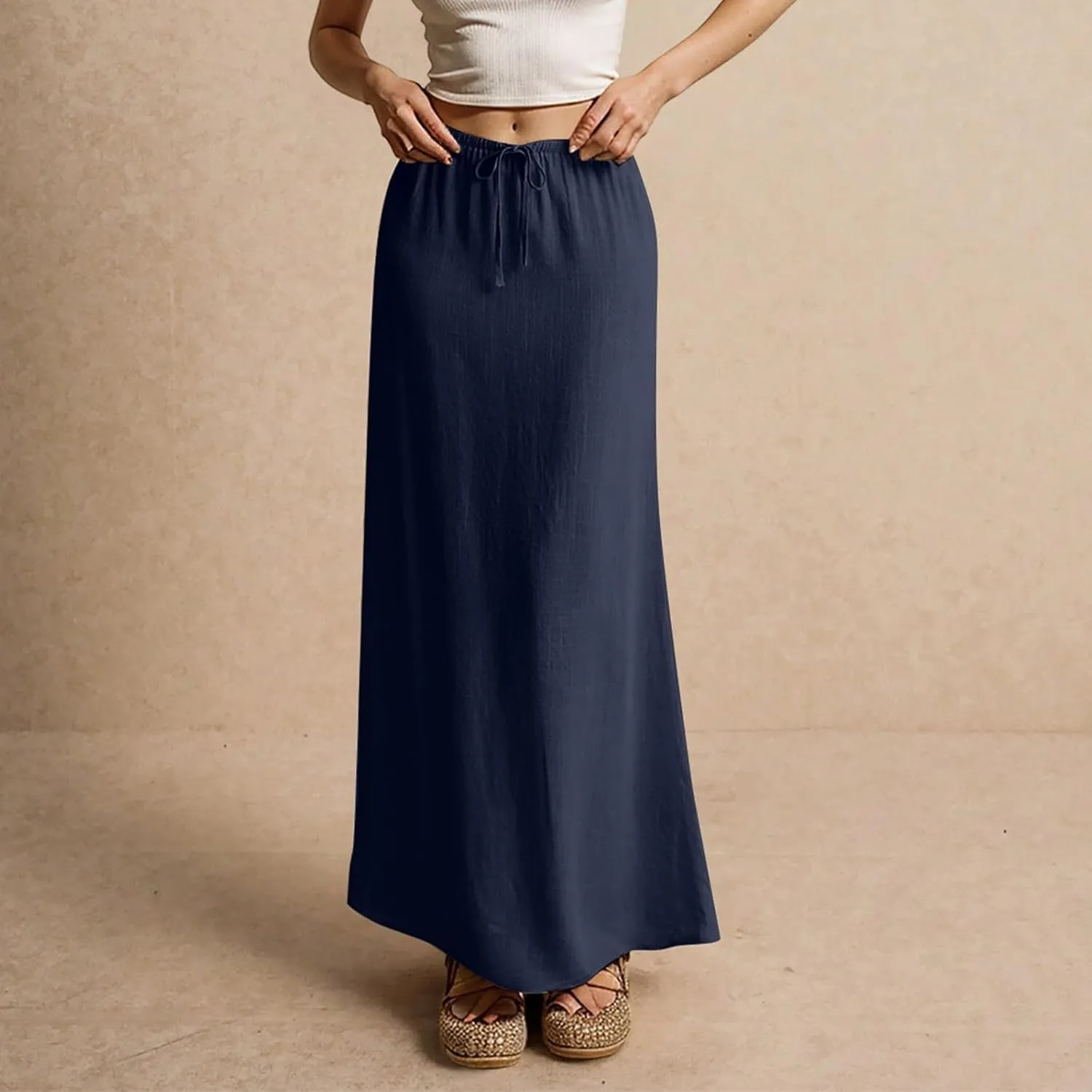 Summer Skirts Long Flowy Skirts Beach Womens Linen Maxi Skirt with Slit Plus Size Comfy Drawstring Low Rise