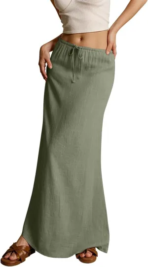 Summer Skirts Long Flowy Skirts Beach Womens Linen Maxi Skirt with Slit Plus Size Comfy Drawstring Low Rise
