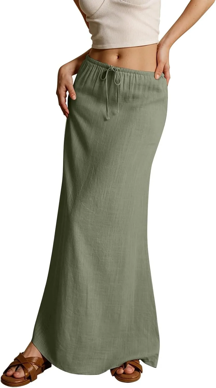 Summer Skirts Long Flowy Skirts Beach Womens Linen Maxi Skirt with Slit Plus Size Comfy Drawstring Low Rise