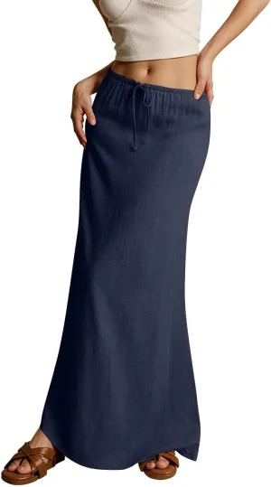 Summer Skirts Long Flowy Skirts Beach Womens Linen Maxi Skirt with Slit Plus Size Comfy Drawstring Low Rise