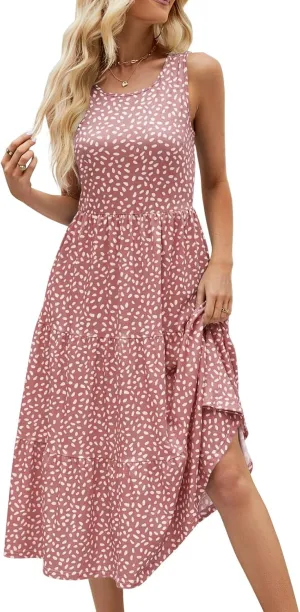 Sureple Spring Round Neck T Shirt Dress for Women Short Sleeve Midi Length,Swing Tiered Bobydoll Dresses with Pockets