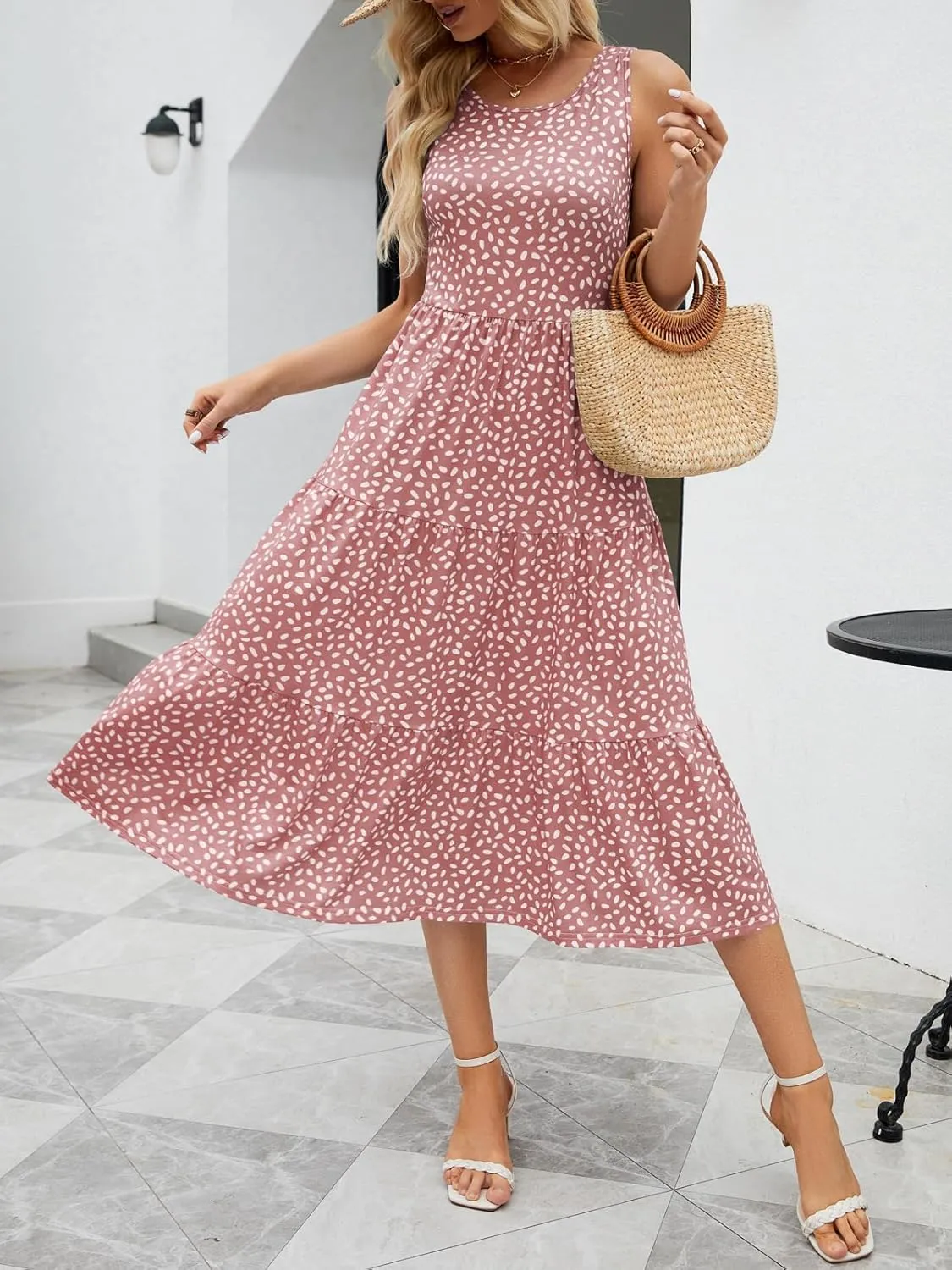 Sureple Spring Round Neck T Shirt Dress for Women Short Sleeve Midi Length,Swing Tiered Bobydoll Dresses with Pockets